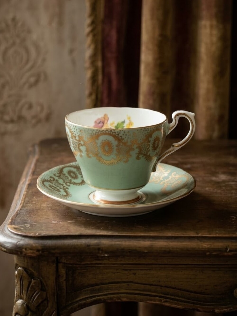 Vintage Paragon Tea Cup and Saucer Set Pastel Mint & Florals With Gold Gilding